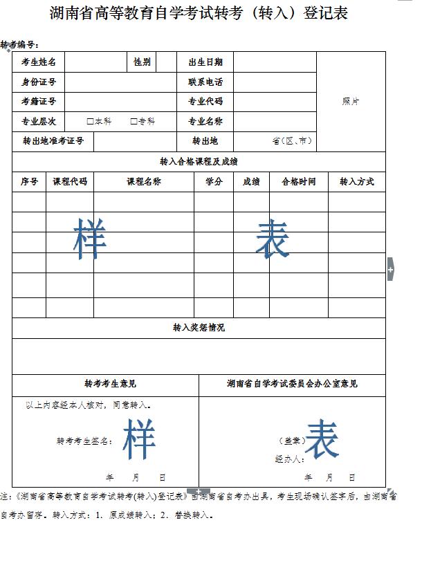 湖南省高等教育自学考试转考（转入）申请登记表样本